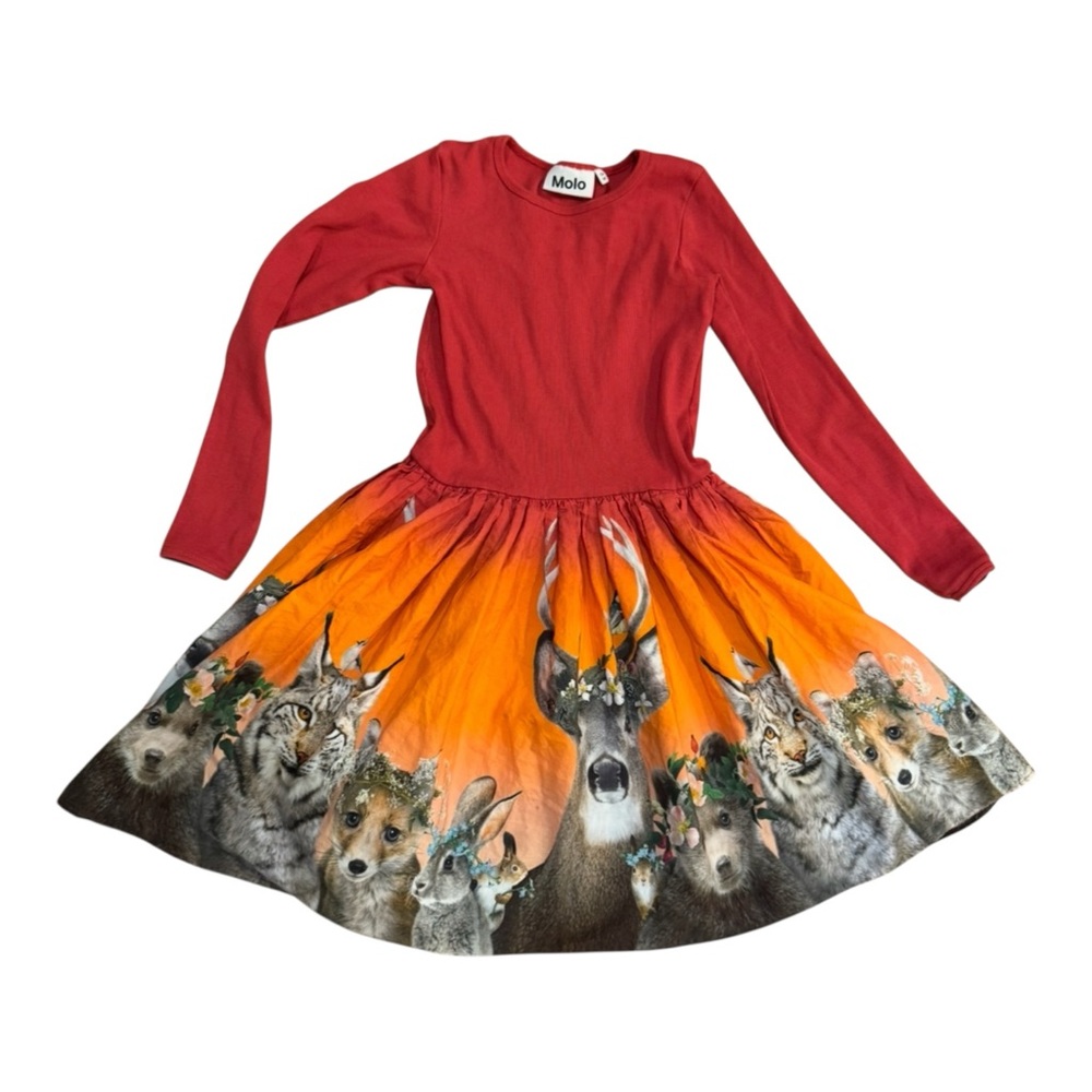 Molo red orange long sleeved forest animal dress size 134/140 9Y/10Y